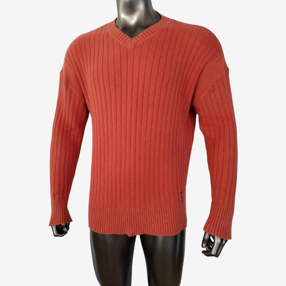 Vintage Y2K Guess Jeans Men's Orange Ribbed Knit V Neck Sweater Size XXL - Picture 3 of 12
